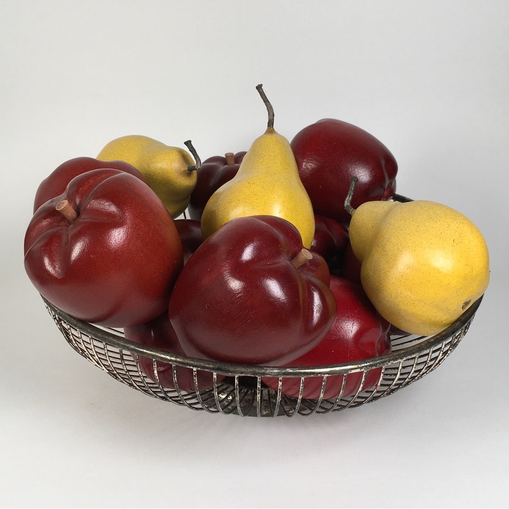 Faux Fruit In Silver Plate Basket Apples Pears Wood